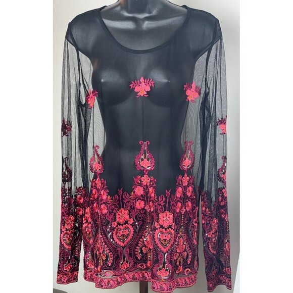 INC. womens beautiful black sheer red embroidered top  medium - Picture 1 of 8